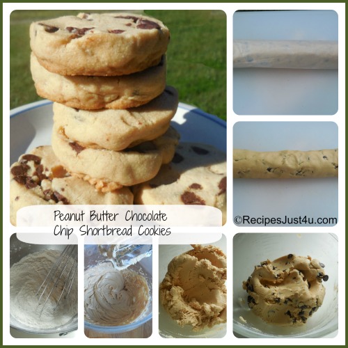 A collage showing how to make Peanut Butter Chocolate Chip Shortbread Cookies.