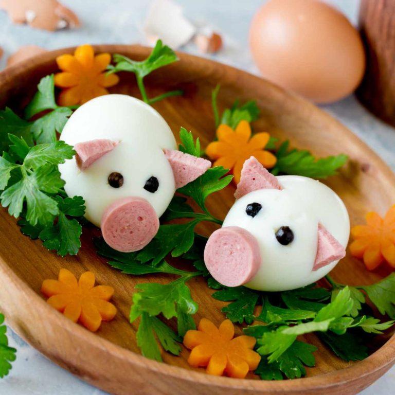 Food project of eggs made into pigs.