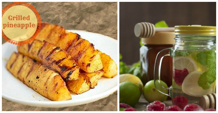 Grilled pineapple collage A plate of barbecue pineapple with a cinnamon and honey glaze with a text overlay that says grilled pineapple beside a cup of fruit infused water with a jar of honey in the background.