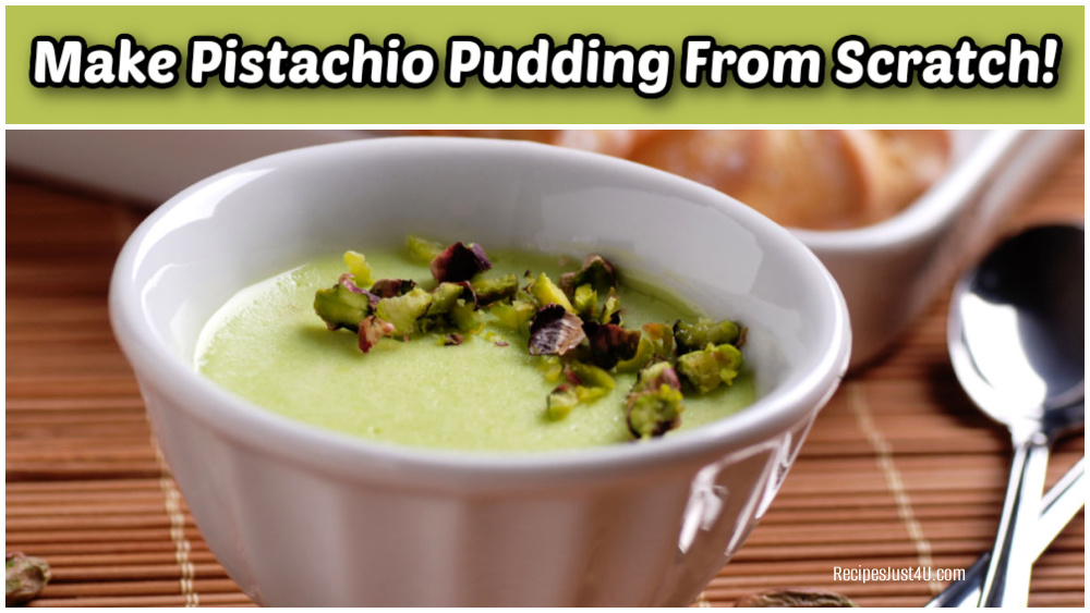 Pistachio pudding made from scratch in a white bowl on a bamboo mat.