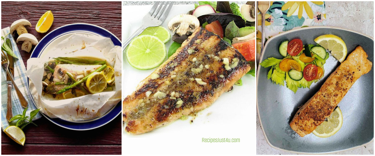 Pictures of salmon recipes in a collage.
