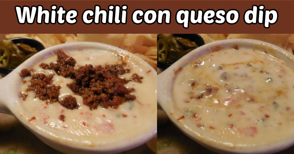 White chili con queso dip. A collage with pictures of cheese dip with ground beef on top on one side and finished dip on the other side. Brown text box reads White chili con queso dip.