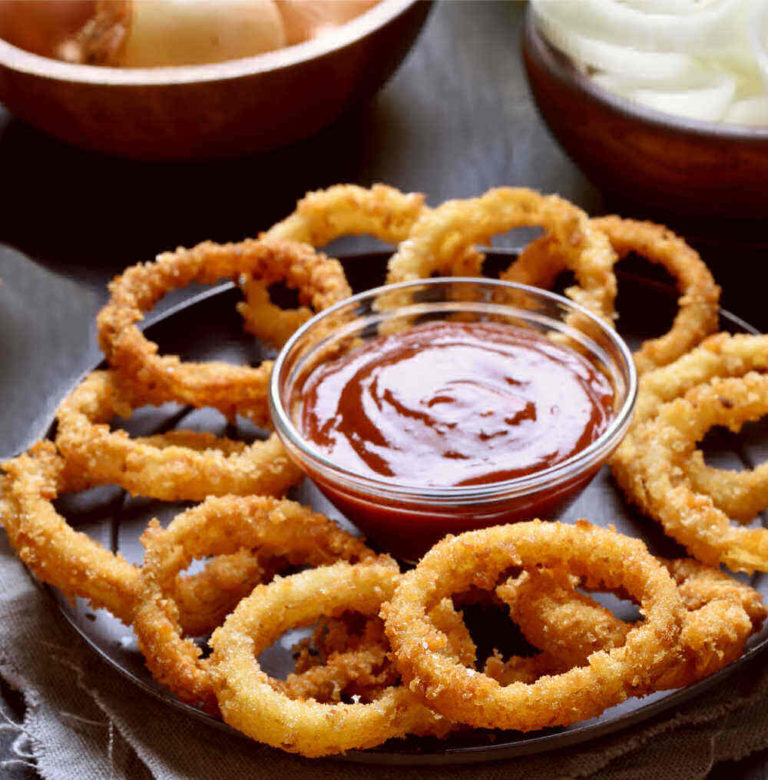 Onion rings and ketchup.