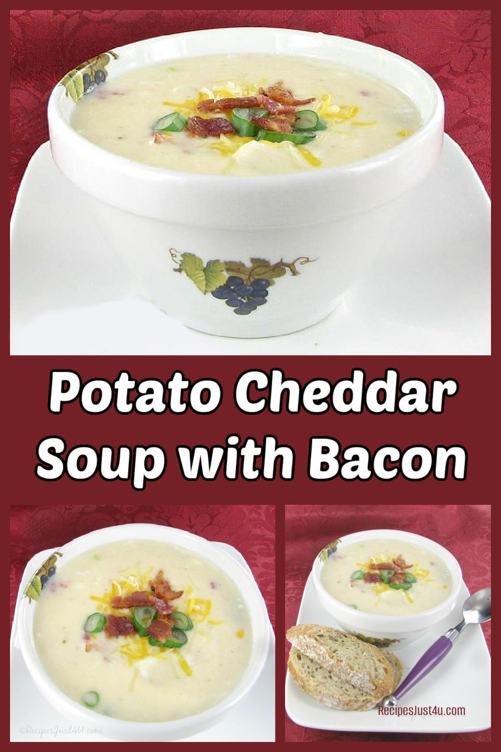 A collage with photos of potato cheddar soup with bacon.