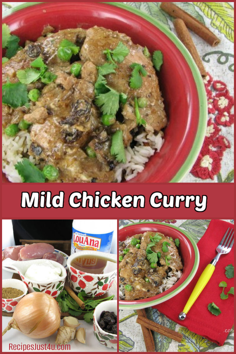 Mild Chicken Curry Recipe - Easy One Pan Meal A collage with photos of mild chicken curry and ingredients to make it.