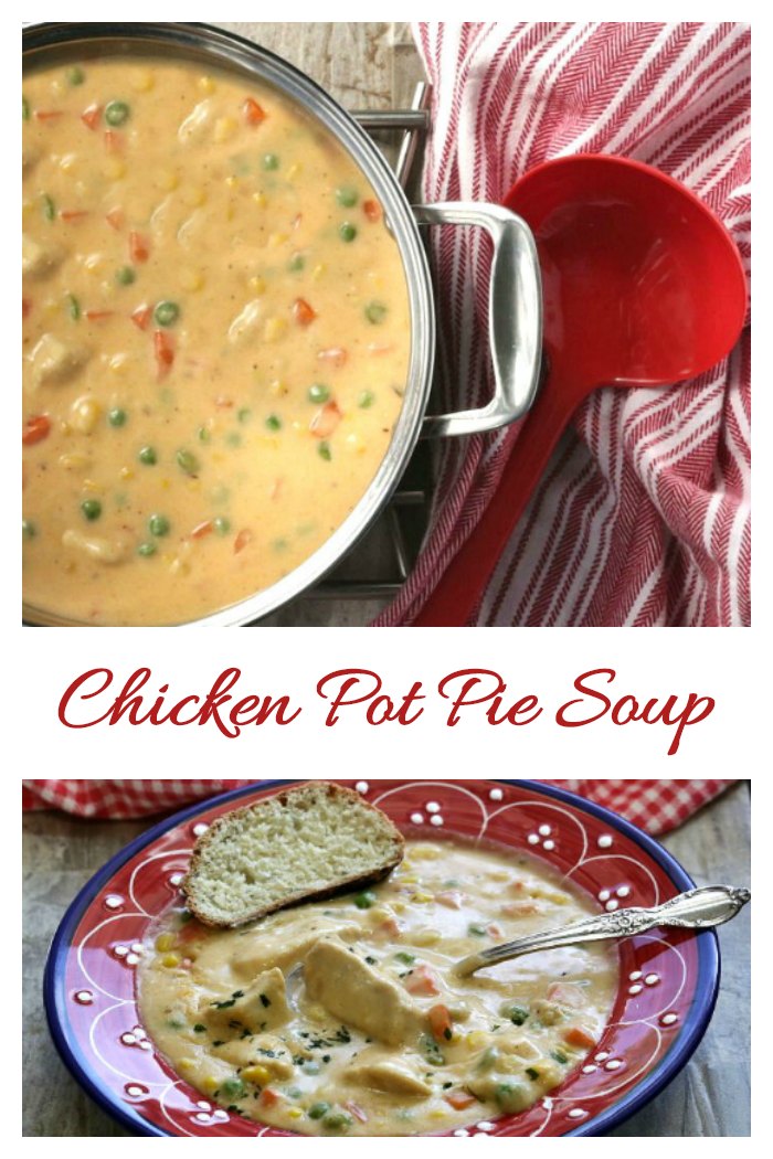 This 30 minute chicken pot pie soup is super easy to make and full of rich, creamy flavor. it tastes just like mom's chicken pot pie!