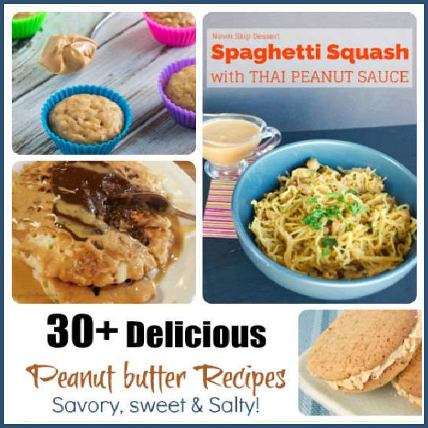 Recipes in a collage with words 30 delicious peanut butter recipes.
