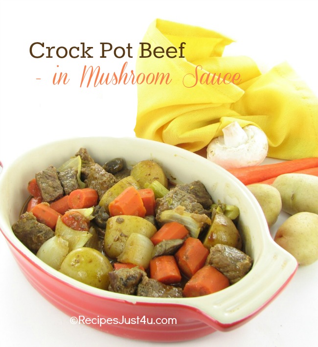 Casserole with carrots, potatoes and beef tips and words reading :Crock Pot beef in Moroccan Mushroom Sauce.