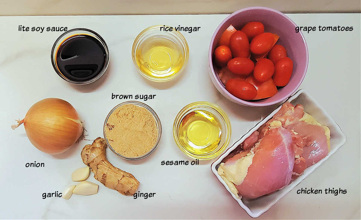 Ingredients for chicken skewers o soy sauce, rice vinegar, grape tomatoes, onion, garlic, ginger, brown sugar, sesame oil and chicken thighs.