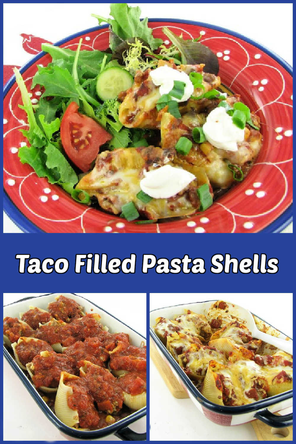 Pictures showing how to make taco filled pasta shells.