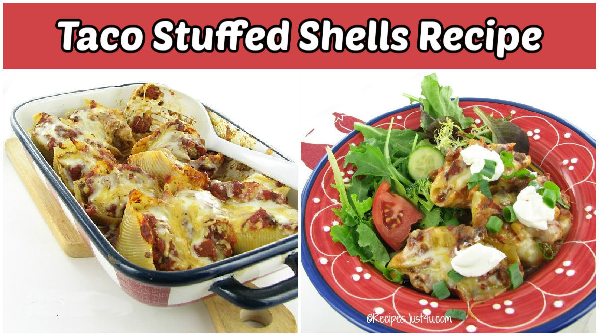 Taco stuffed shells recipe in a casserole dish and on a red plate with salad.