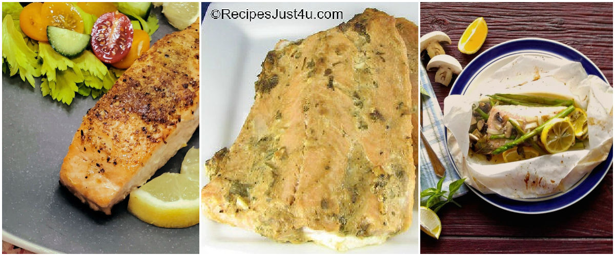 Pictures of three salmon recipes in a collage.