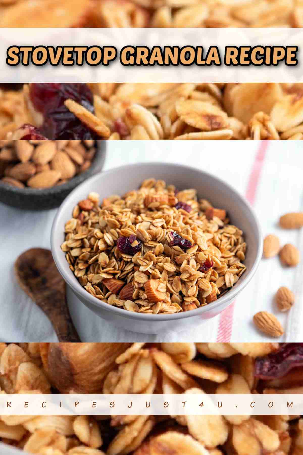 Get an Easy Stovetop Granola Recipe An bowl of homemade granola with a text overlay above it that says stovetop granola recipe.