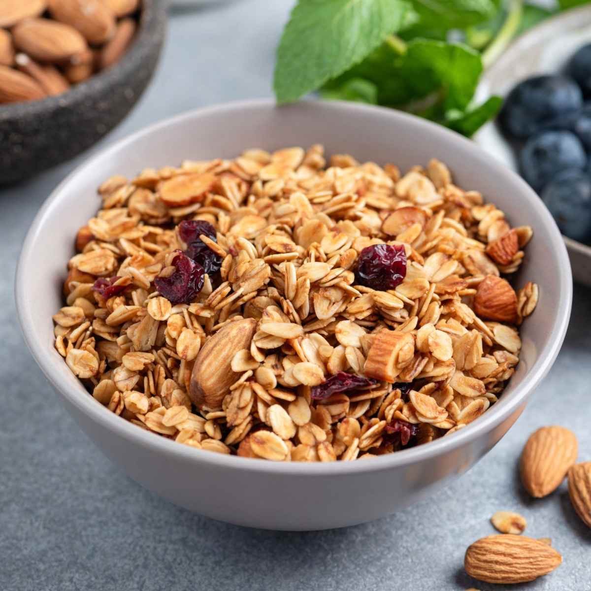 Bowl of homemade granola A stove top granola recipe in a grey bowl, with almonds, blueberries and mint scattered around it.