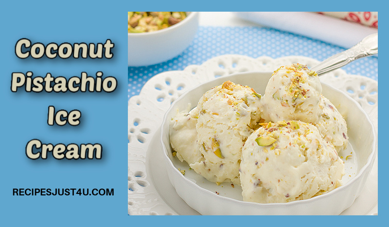 Coconut pistachio ice cream in a white bowl with a spoon.