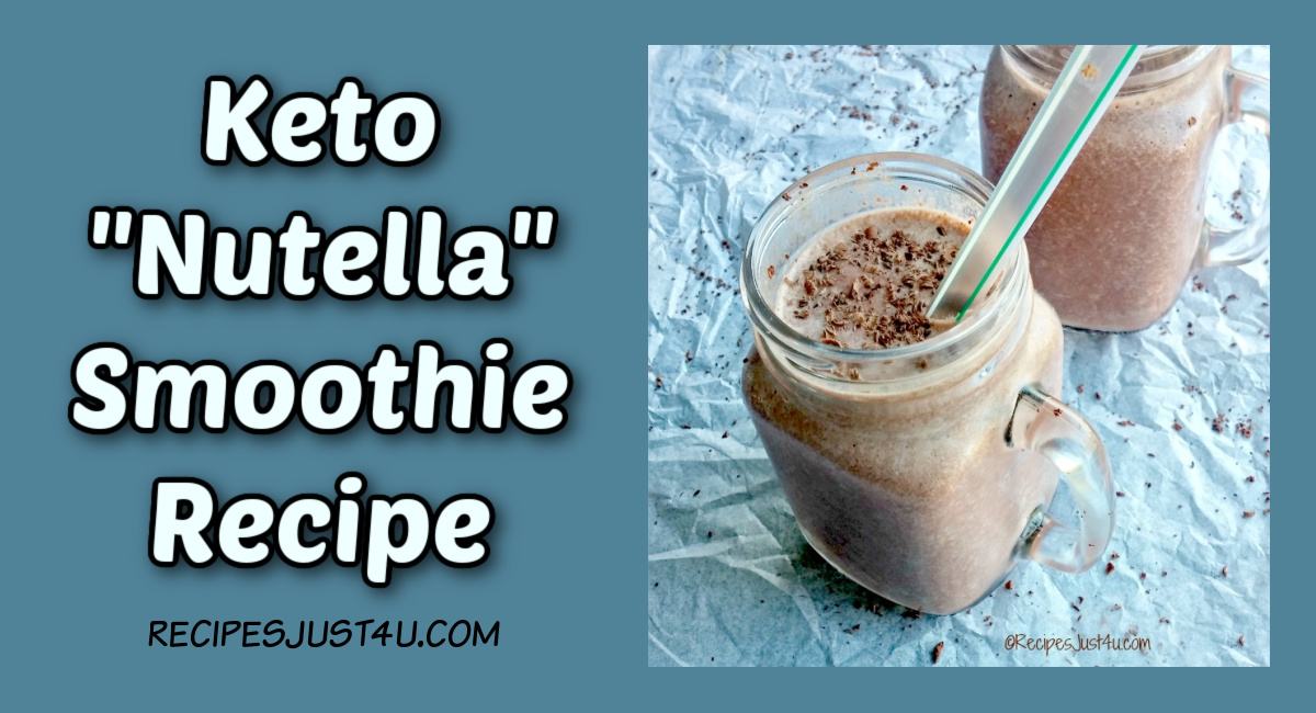 White text that says Keto Nutella smoothie recipe beside two mugs filled with keto-friendly smoothies, set against a blue background.