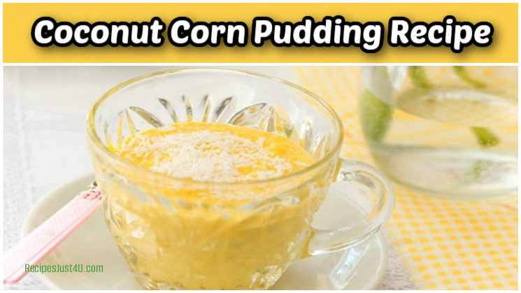 Coconut corn pudding in a glass mug on a white plate.