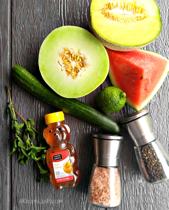 Ingredients for refreshing cucumber melon salad
