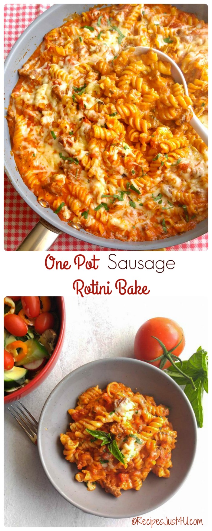 This one pot sausage rotini bake is made in one pan in less than 30 minutes. Clean up is a breeze too! 