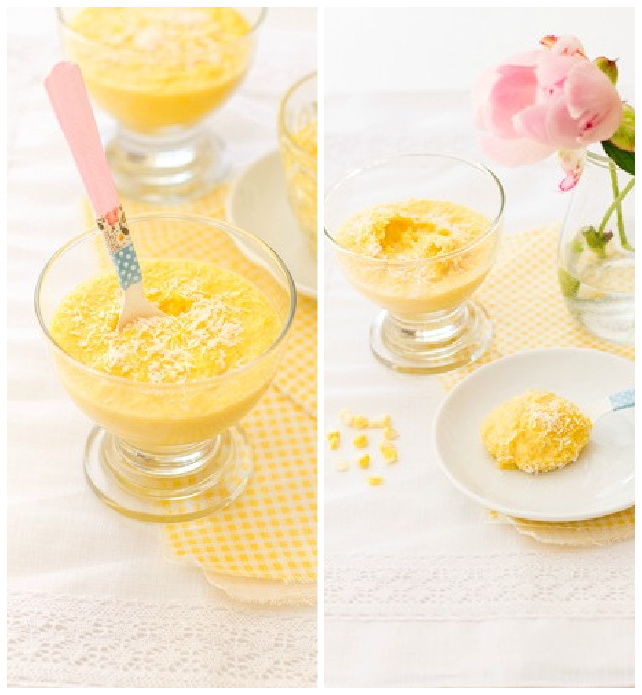 Brazilian Corn Pudding Recipe with Coconut Brazilian corn pudding in a glass mug and on a white plate.