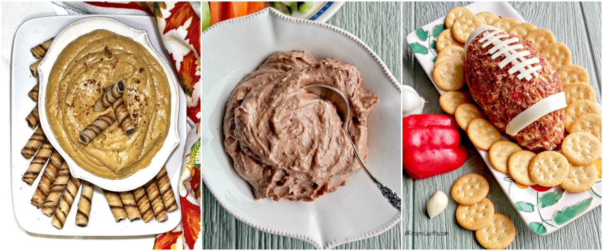 A collage with images of party dips: pumpkin pin dip, fruity chocolate hazelnut dip and football-shaped party dip.