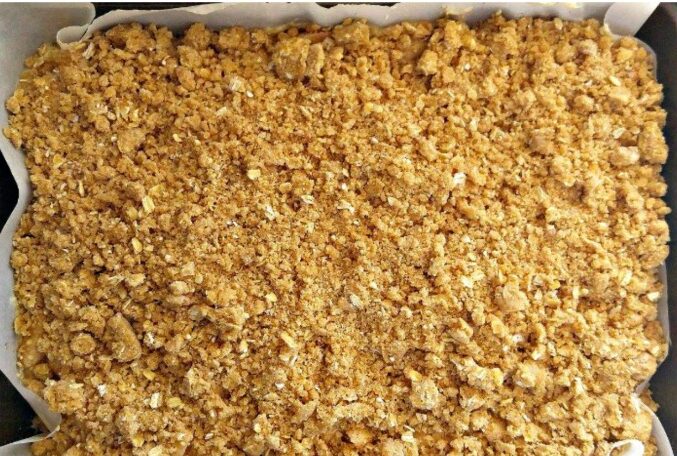 Streusel topping The streusel topping of caramel apple streusel bars recipe.