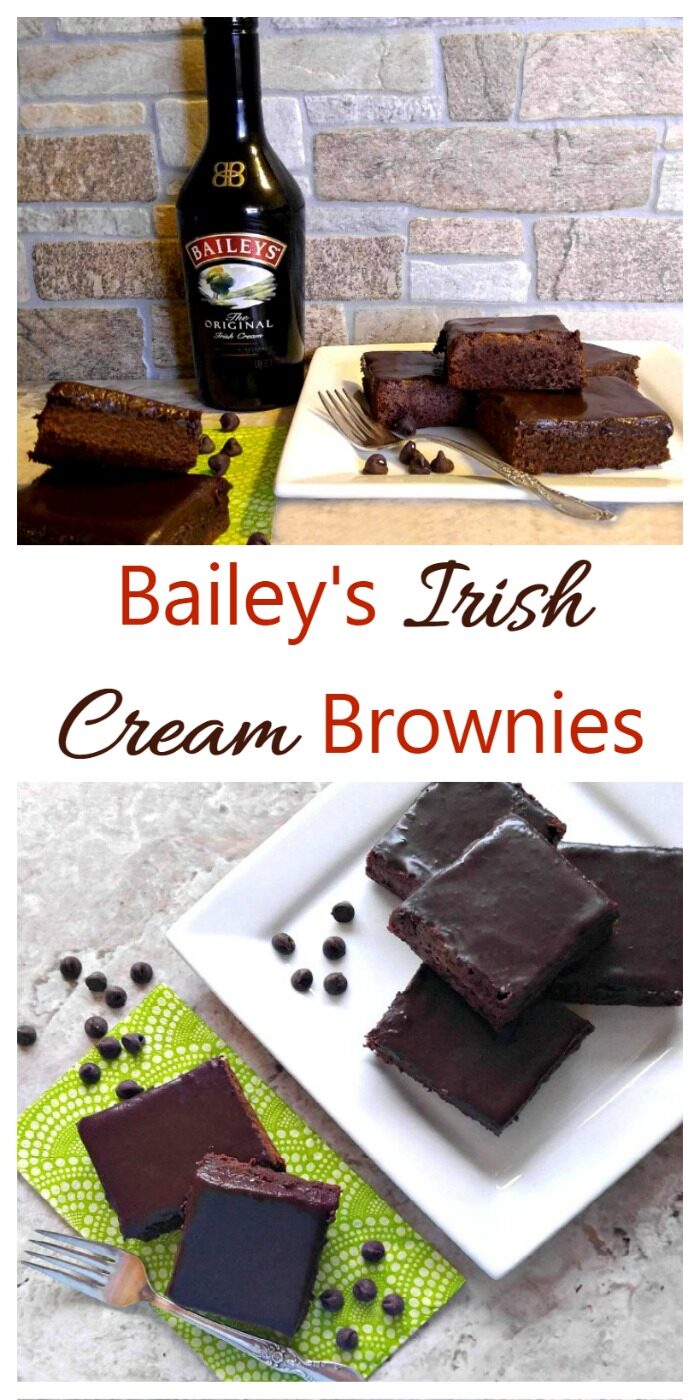 How to Make Baileys Irish Cream Brownies Baileys Irish cream brownies on white plates next to a bottle of Irish Cream. Text reads Baileys Irish Cream Brownies.