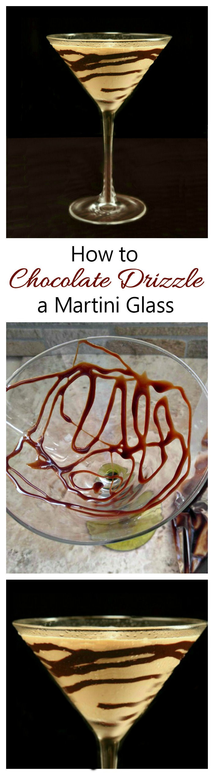 Chocolate drizzle on a martini glass glass makes a lovely presentation to any chocolate or coffee inspired cocktail. It is simple to do, too~