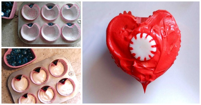 A collage of three pictures showing how to make heart shaped cupcakes starting by putting a marble against the cupcake liner, filling the lines and then decorating the Valentine's Day heart shaped cupcake.