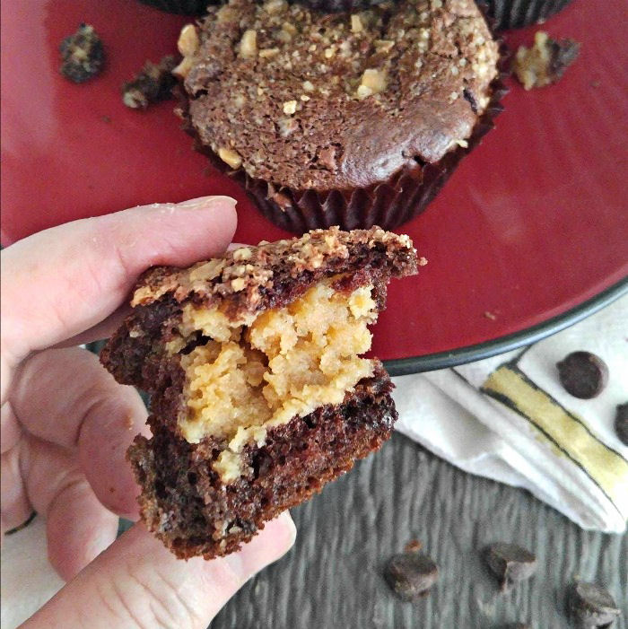 A bite of Chocolate Peanut Butter Muffins