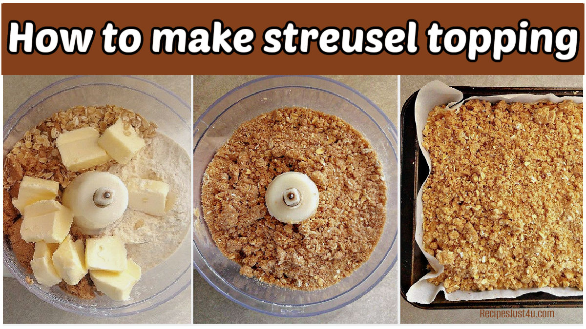 A collage with photos showing how to make streusel topping.
