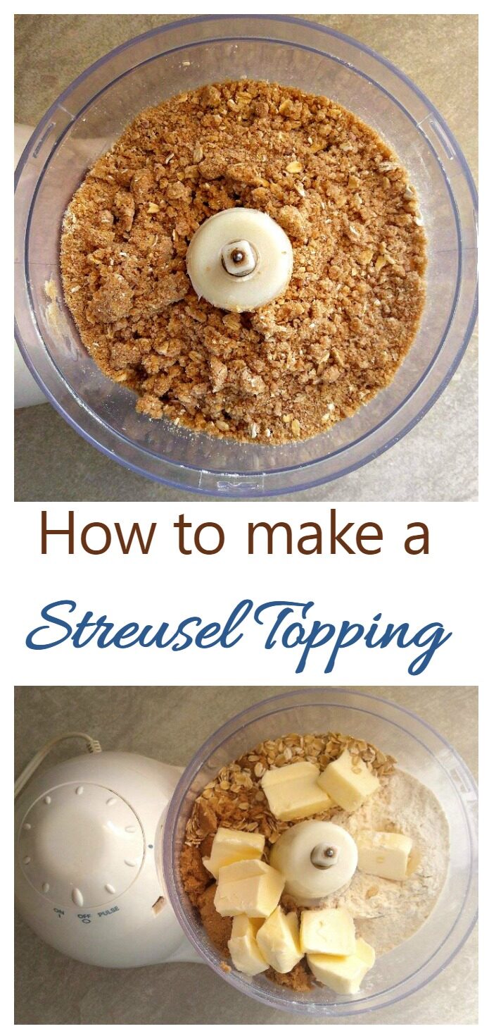 How to Make a Streusel Topping Crumbs in a food processor, with butter to make a streusel topping, and photo of the topping on a muffin.