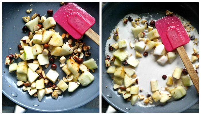 Add the apples and nuts and mix in the coconut milk