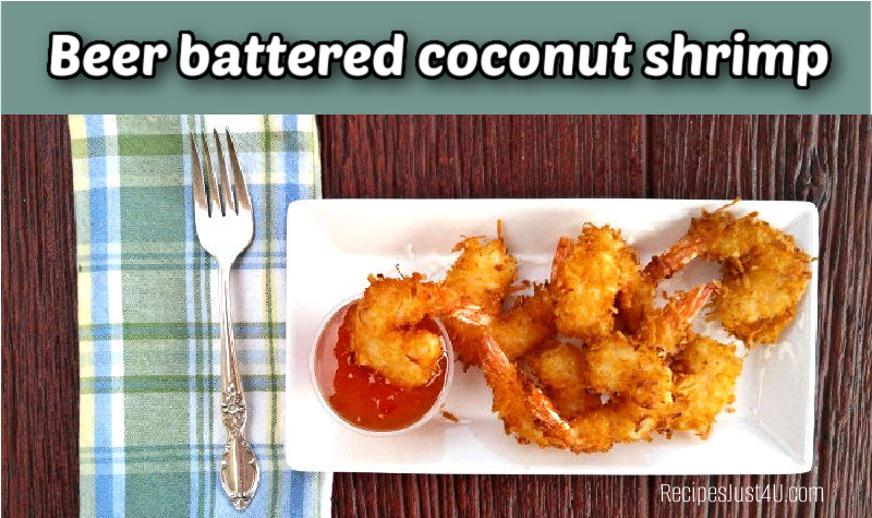 Beer battered coconut shrimp on a white plate with dipping sauce, fork and green and blue napkin.