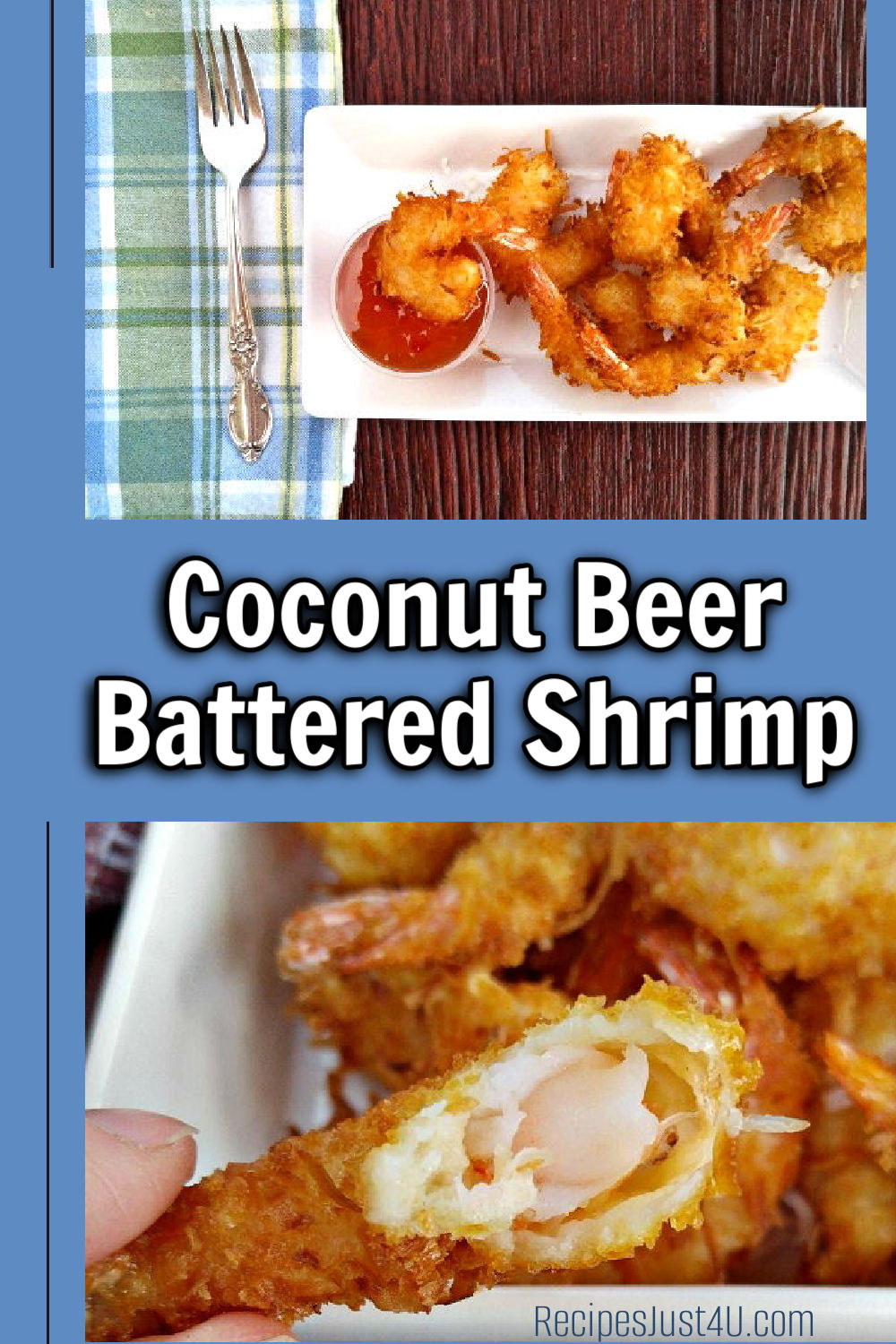 Coconut beer battered shrimp on a white plate and with a bite out of a shrimp.