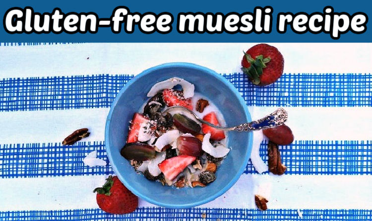 A blue bowl of grain-free muesli on a blue striped towel. Text banner reads Gluten-free muesli recipe.