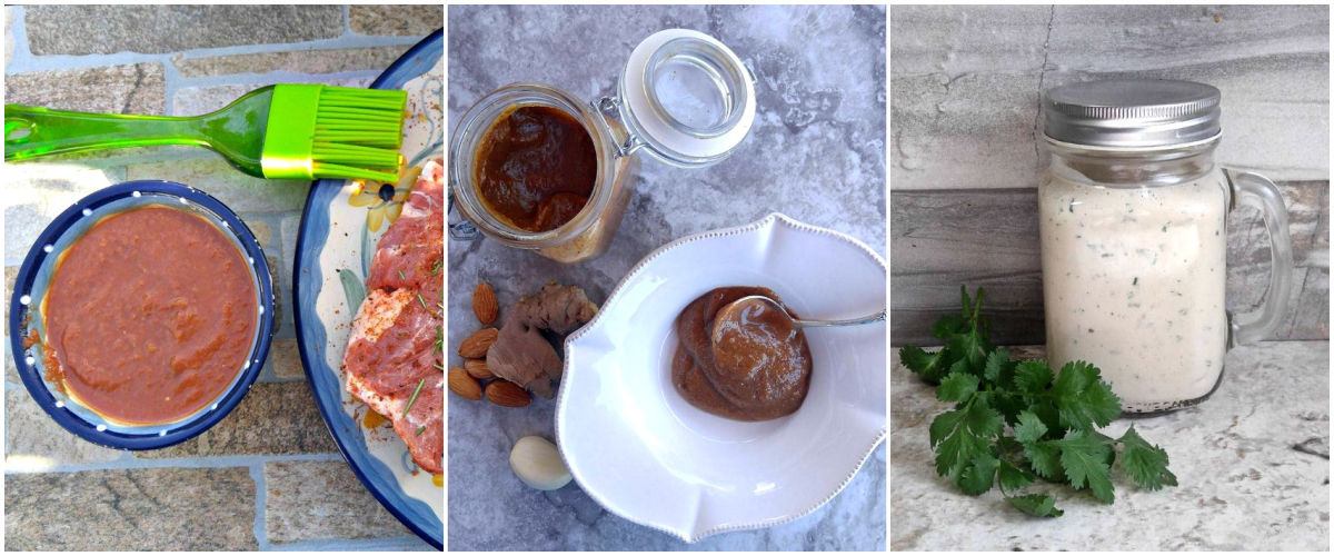 A collage with pictures of Paleo BBQ sauce, Paleo almond butter dressing, and Paleo ranch dressing.