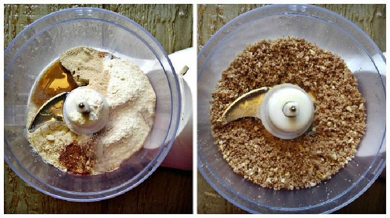 Making a cherry crumble topping in a food processor.