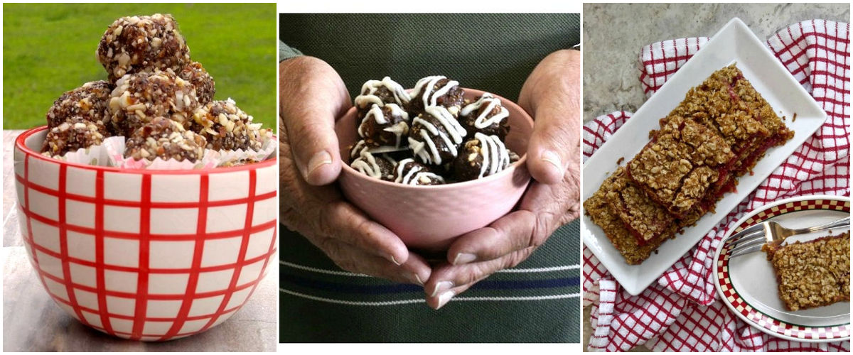 Picture of gluten-free desserts, including lemon energy bites, almond butter balls, and strawberry oatmeal bars.