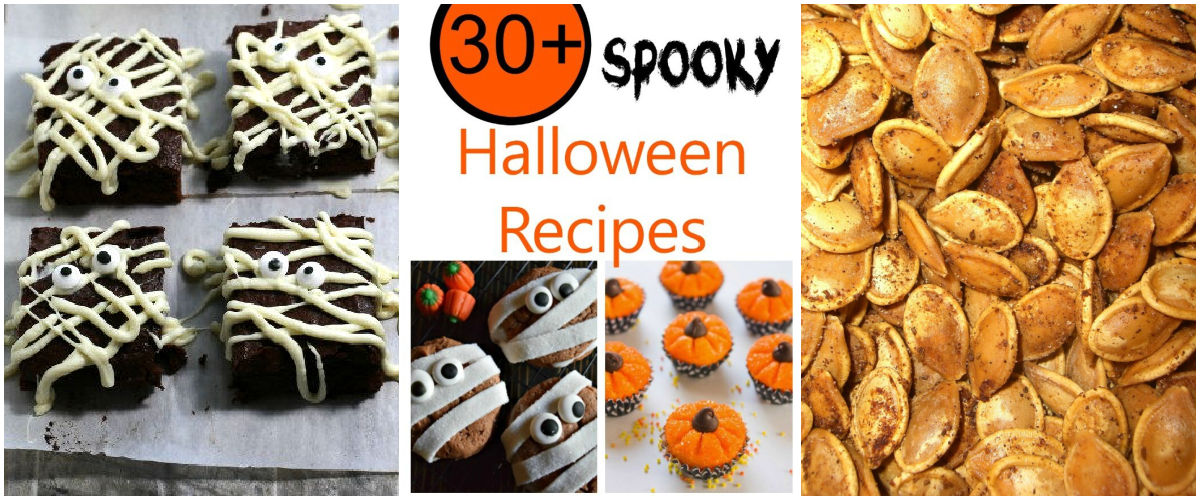 Collage showing mummy brownies, Halloween recipes, and toasted pumpkin seeds.