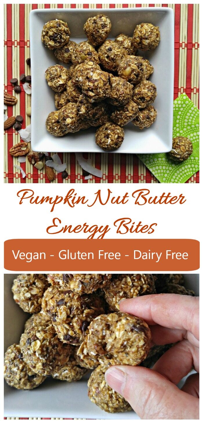 How to Make Pumpkin Nut Butter Energy Bites Pumpkin nut butter energy bites in a white bowl and shown being held in a woman's hand.