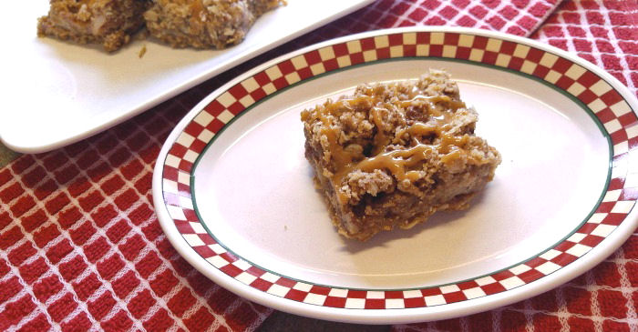 Oatmeal apple bars on a red check plate sitting on a red checked towel next to a serving tray.