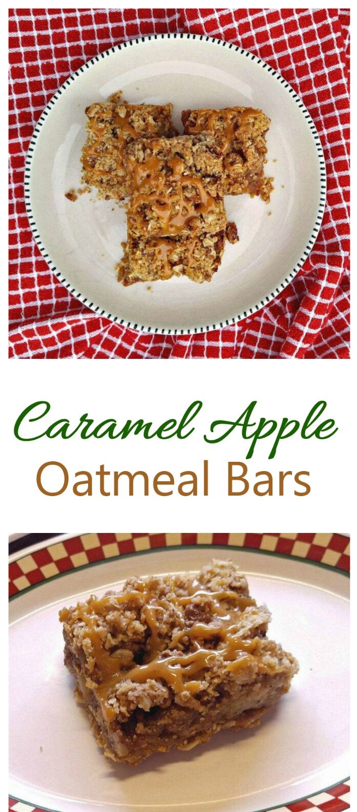 These caramel apple bars have a spiced apple center and crunchy sugar topping. #caramelapple #oatmeal bars