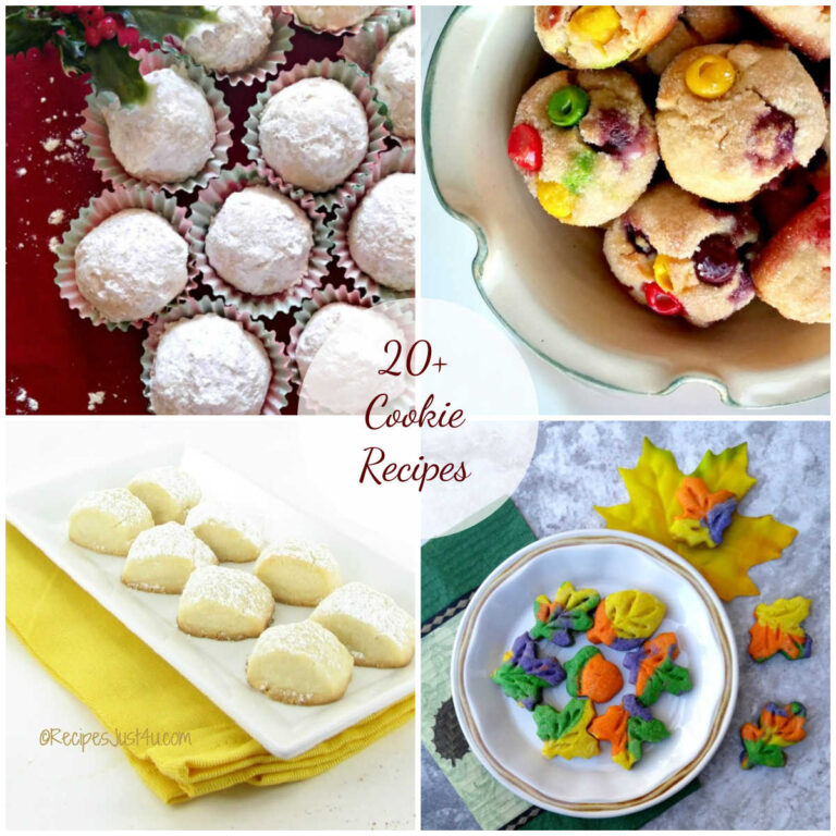 Snowball cookies, Skittles cookies, Melting Moments cookies and Leaf cookies in a collage with text reading 20+ Cookie Recipes.