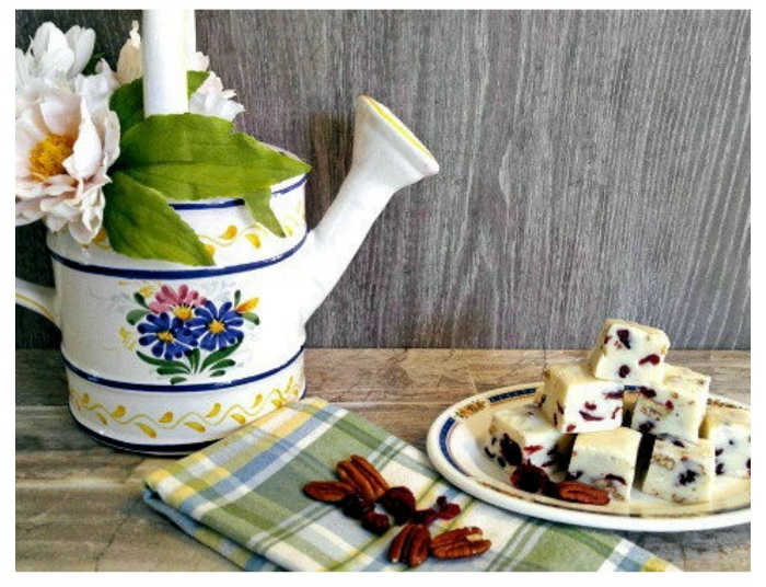 Cranberry pecan fudge with a watering can flower display.