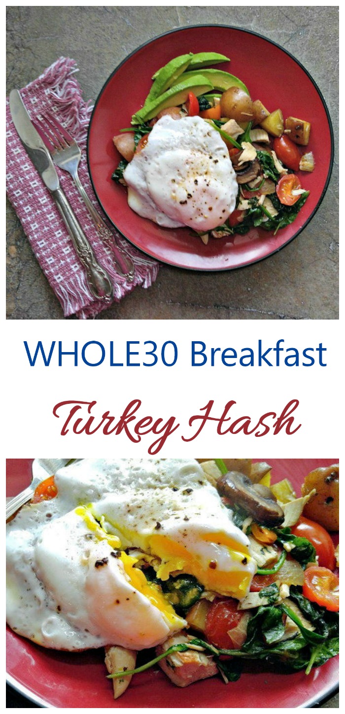 This Whole30 turkey hash is a great use for left over turkey. It makes a hearty and healthy breakfast bowl