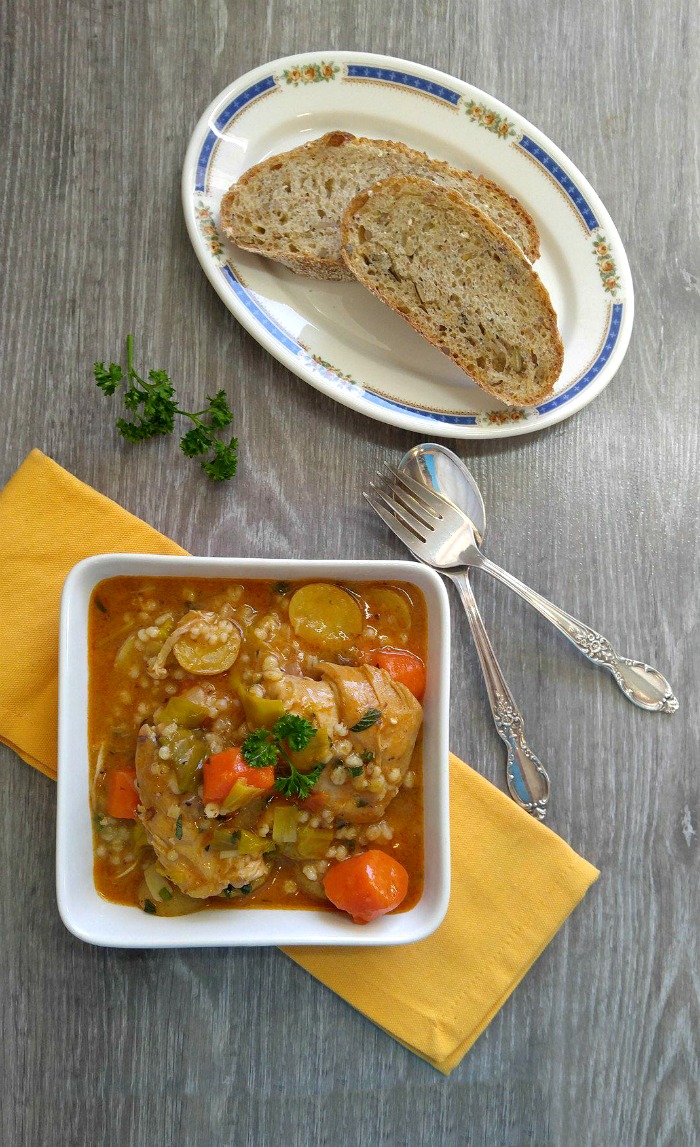 This one pot chicken barley stew is winter comfort food at its best. Serve it with crusty bread for a hearty and filling meal. #wintercomfortfood #chickenbarleystew