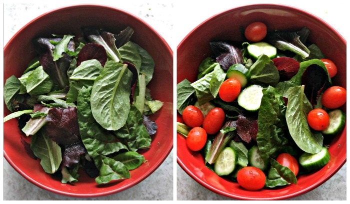 Add mixed greens and salad veg
