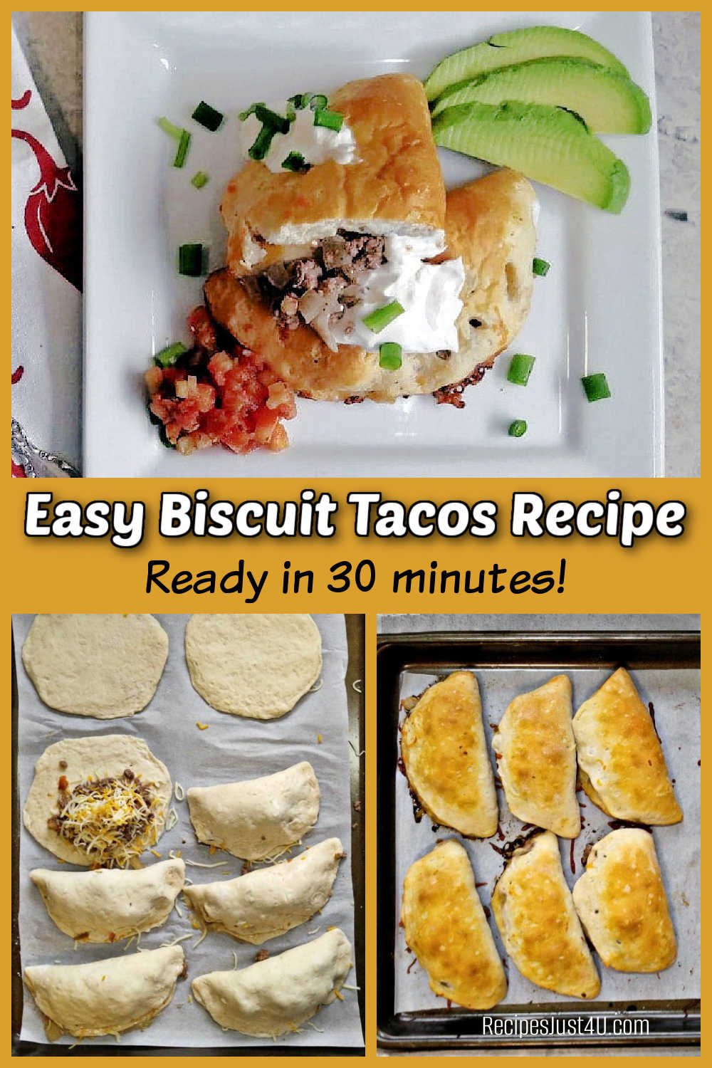 Easy biscuit tacos recipe on a white plate with avocado and salsa.