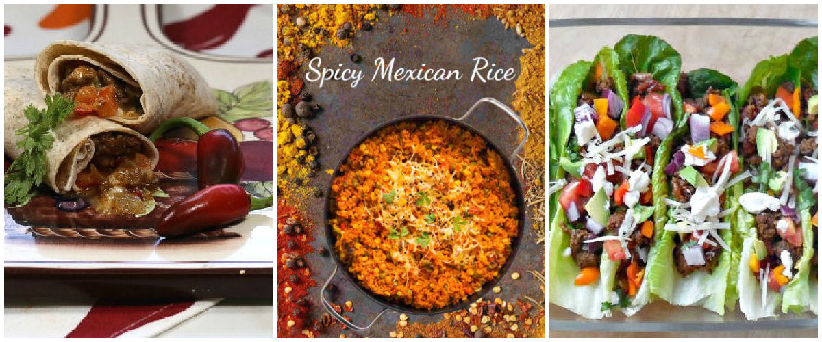 Mexican inspired recipes, including taco wraps, Mexican rice, and lettuce taco wraps.